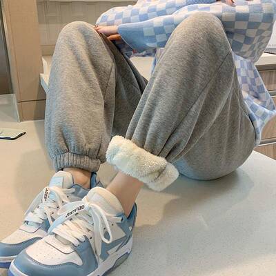 加绒运动裤女秋冬季宽松束脚羊羔绒裤子加厚棉裤2025新款休闲卫裤