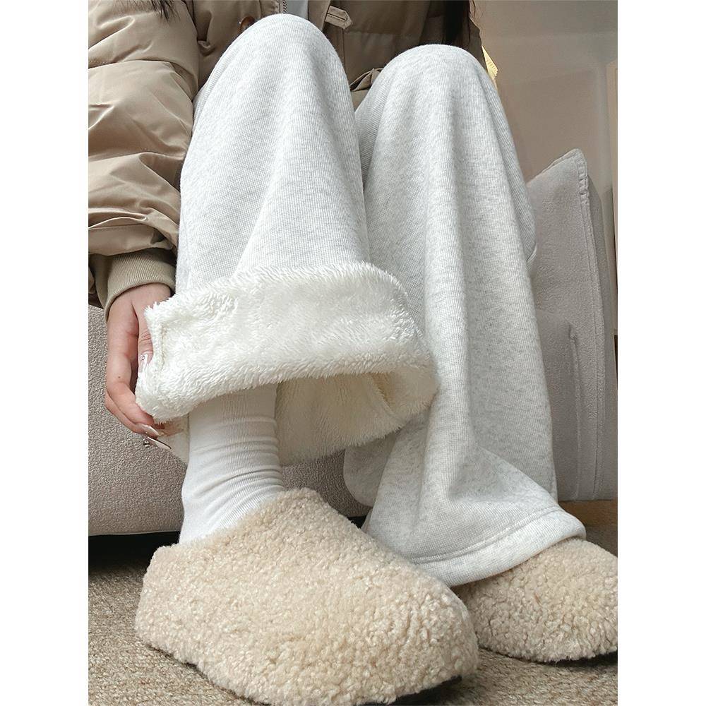 白灰色羊羔绒阔腿裤女秋冬2025流行爆款裤子加绒棉裤休闲运动卫裤