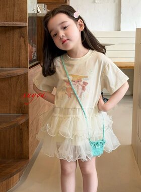童装2026夏季新款女童小童韩版可爱卡通涂鸦T恤裙网纱连衣裙