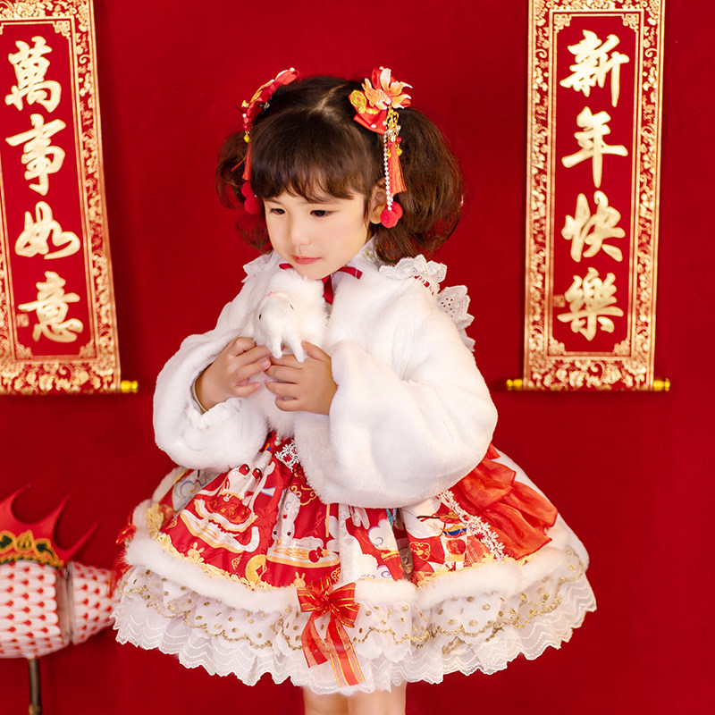 稚岁馆童装如意兔lolita兔年宝宝拜年服礼服兔耳外套连衣裙定制