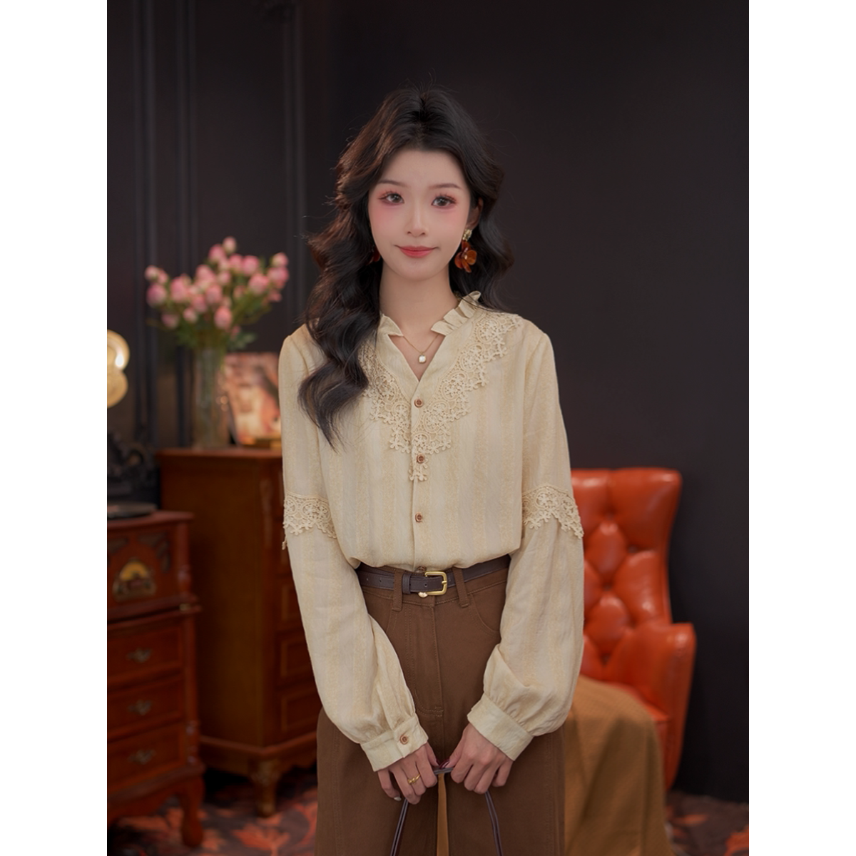 DaYuanSAD蕾丝v领长袖衬衫女上衣