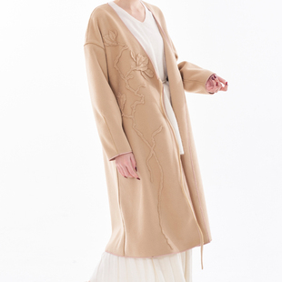 鸢尾时无艺之艺一朵大左春秋中长款双面呢外套宽松显瘦气质大衣