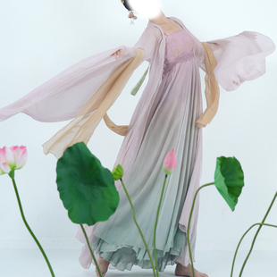 泛泛莲心无艺之艺一朵大左汉唐古典舞汉服刺绣连衣裙吊带裙大袖衫