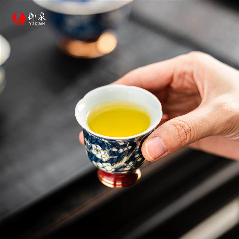 御泉金绘梅陶瓷盖碗茶杯套装青花金边功夫茶具新中式家用二才盖碗