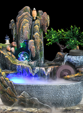 精选土宫假山流水喷泉招财摆件客厅桌面风水轮造景倒流香循环水水