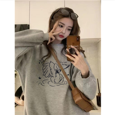 美式复古天鹅印花无帽圆领卫衣女