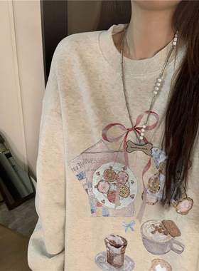 纯棉美式复古无帽圆领卫衣女2025新款早秋薄款设计感宽松慵懒上衣