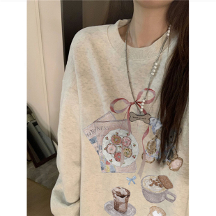 纯棉美式复古无帽圆领卫衣女2025新款早秋薄款设计感宽松慵懒上衣