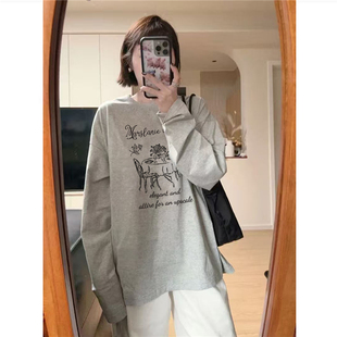 春秋薄款 t恤女2026新款 慵懒内搭高级感上衣 复古灰色长袖 纯棉美式