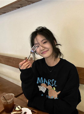 纯棉秋冬美式慵懒无帽圆领卫衣女2025新款宽松设计感加绒加厚上衣