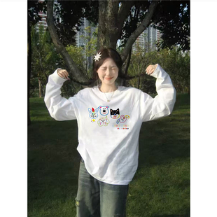 春季 t恤女2026新款 设计感小众内搭上衣 卡通正肩白色长袖 纯棉美式