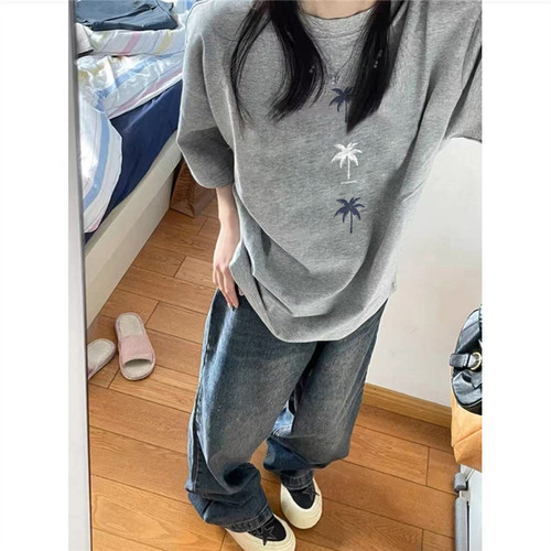 纯棉美式复古椰树正肩短袖t恤女