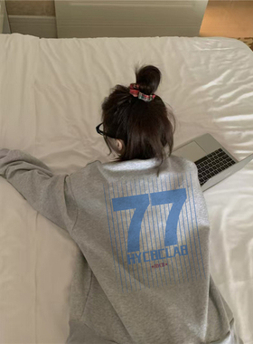 纯棉美式复古无帽卫衣女秋冬小个子慵懒oversize加绒加厚圆领上衣