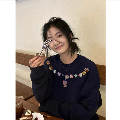 高街美式设计感圆领无帽卫衣女