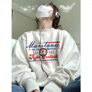 纯棉美式潮牌字母圆领卫衣女2025新款爆款小个子宽松慵懒长袖上衣