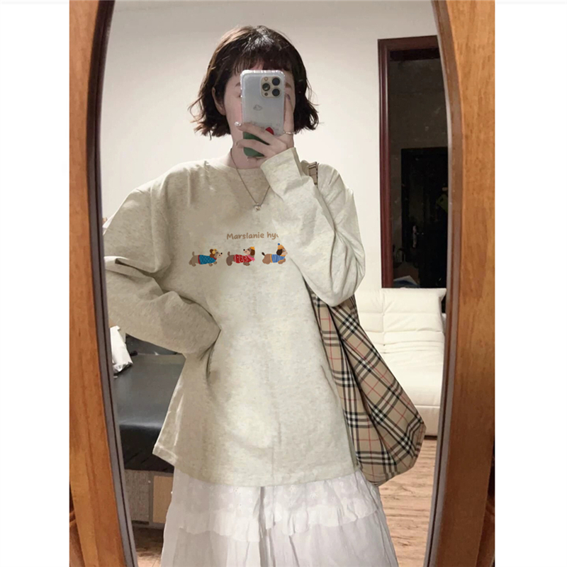 美式复古卡通灰色正肩长袖t恤女