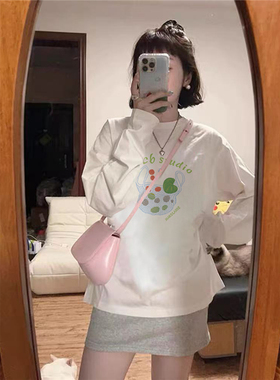 纯棉早秋设计感正肩长袖t恤女2025新款宽松时尚减龄白色打底体恤