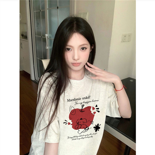 纯棉美式复古苹果趣味短袖t恤女