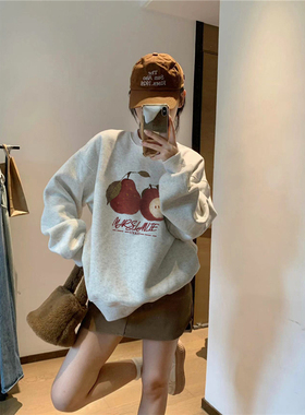 纯棉美式复古灰色卫衣女秋冬加绒加厚超好看oversize宽松无帽上衣