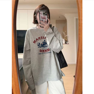 纯棉美式潮牌灰色正肩长袖t恤女2026新款春秋薄款宽松慵懒打底衫