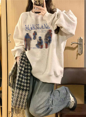 纯棉美式复古人物抽象圆领卫衣女