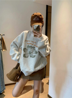 纯棉美式复古灰色无帽圆领卫衣女秋冬设计感小众慵懒加绒加厚上衣