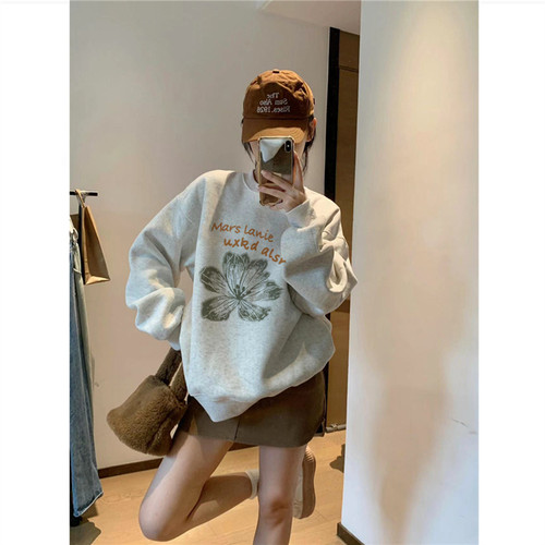 纯棉美式复古灰色无帽圆领卫衣女