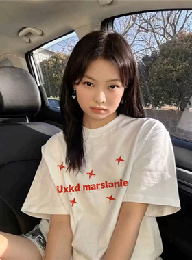纯棉美式潮牌白色正肩短袖t恤女2026新款宽松oversize设计感上衣