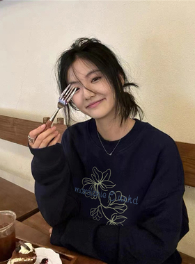 纯棉美式复古植物花卉卫衣女2025新款设计感小众高街宽松长袖上衣