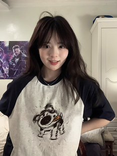 潮牌oversize设计感上衣 t恤女夏季 100%纯棉美式 港味chic卡通短袖