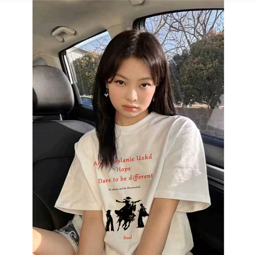 纯棉美式潮牌白色正肩短袖t恤女