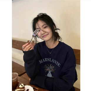 纯棉美式潮牌oversize圆领卫衣女秋季薄款宽松韩系慵懒风长袖上衣