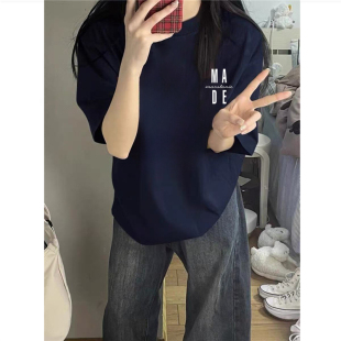 宽松慵懒高级感半袖 t恤女2026新款 上衣 字母潮牌正肩短袖 纯棉美式