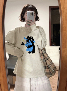 100%纯棉美式复古趣味猫咪正肩长袖t恤女2025新款小众设计感上衣