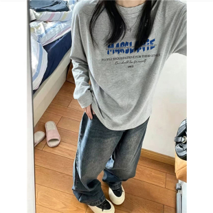 纯棉美式复古字母正肩长袖t恤女秋季宽松oversize高街设计感上衣