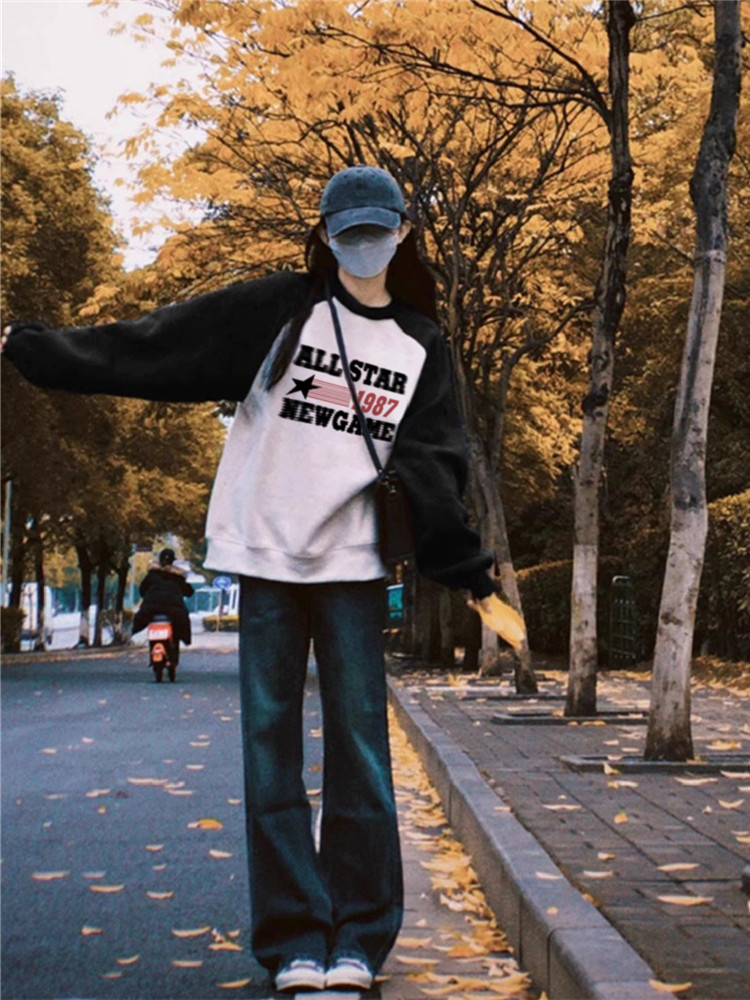 100%纯棉美式复古插肩袖卫衣女