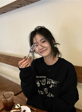 纯棉美式高街加绒加厚圆领卫衣女2025新款设计感慵懒宽松潮牌上衣