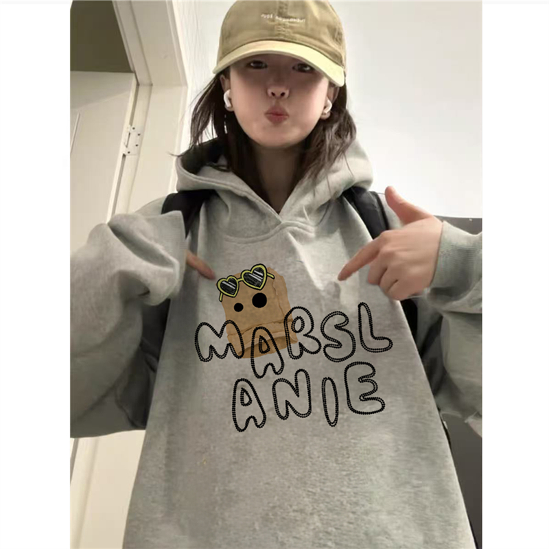 纯棉美式复古灰色连帽卫衣女加绒