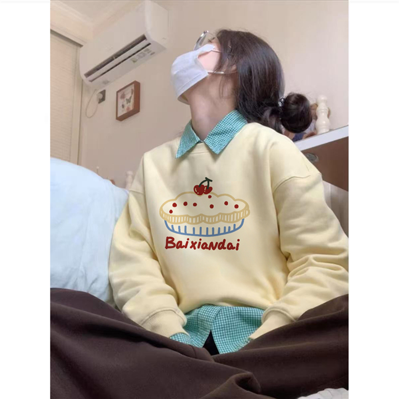 纯棉美式港味chic小众设计感圆领卫衣女冬季加绒加厚慵懒长袖上衣