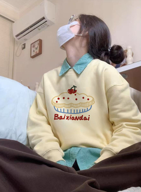 纯棉美式港味chic小众设计感圆领卫衣女冬季加绒加厚慵懒长袖上衣