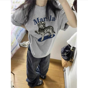 2026新款 t恤女夏季 设计感小众慵懒上衣 复古灰色正肩短袖 纯棉美式