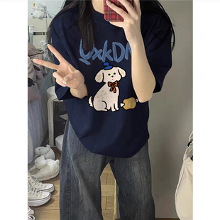 宽松韩系设计感小众慵懒潮牌体恤 t恤女夏季 纯棉美式 复古正肩短袖