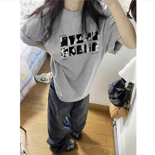 美式复古人物图案正肩短袖t恤女