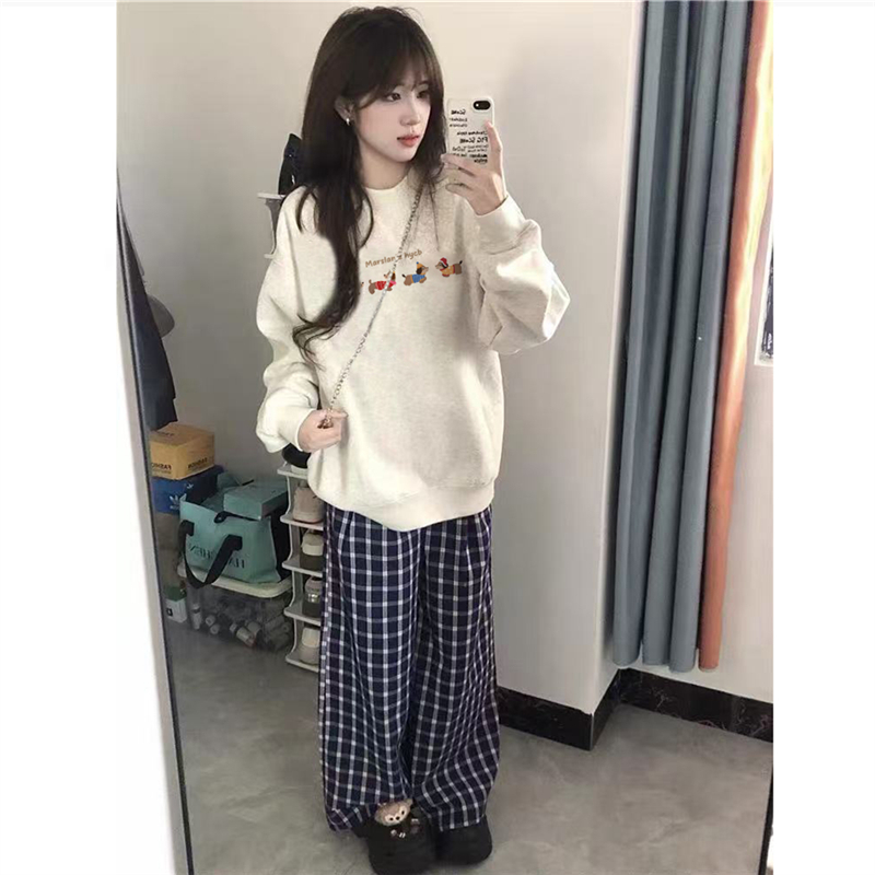 美式复古可爱狗狗印花圆领卫衣女