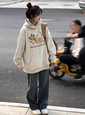 纯棉美式hiphop小个子趣味卡通连帽卫衣女2026新款宽松设计感外套