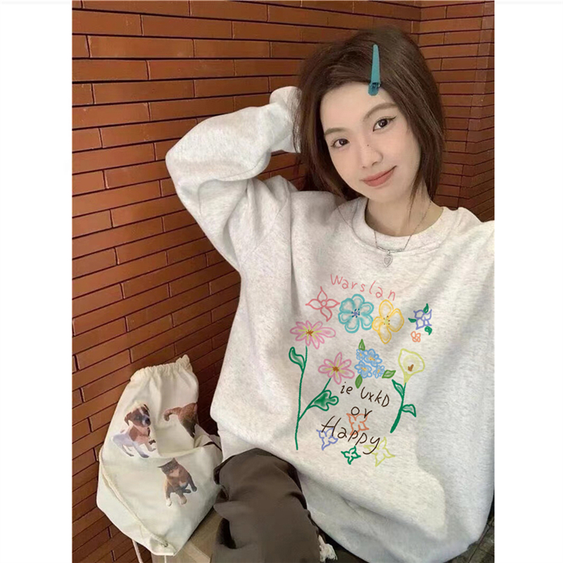 美式复古植物花卉无帽圆领卫衣女