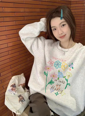 纯棉美式复古植物花卉无帽圆领卫衣女秋冬加绒加厚宽松高级感上衣