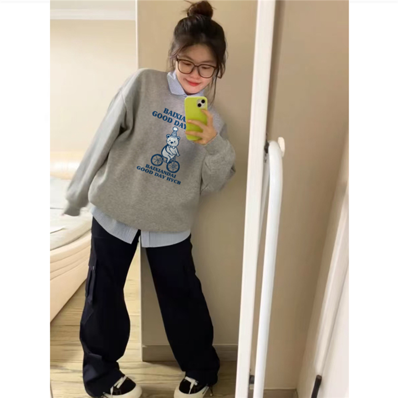 纯棉美式复古小熊骑单车卡通无帽卫衣女冬季小众慵懒加绒加厚上衣