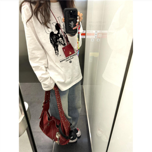 纯棉美式复古hiphop长袖t恤女秋