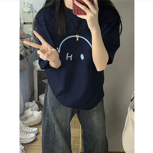 上衣 纯棉美式 复古潮牌正肩短袖 t恤女夏季 宽松设计感小众独特半袖